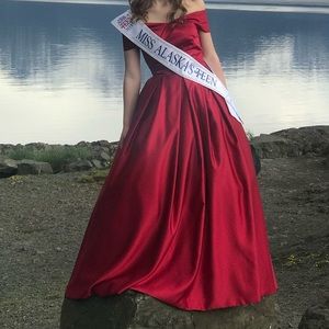 Beautiful, red, off the shoulder gown.